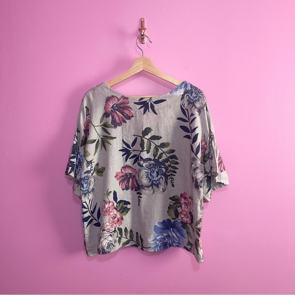 Laura Bianchi Blouse Women’s Size Medium Grey Floral Linen Flowy Oversized - Picture 5 of 7